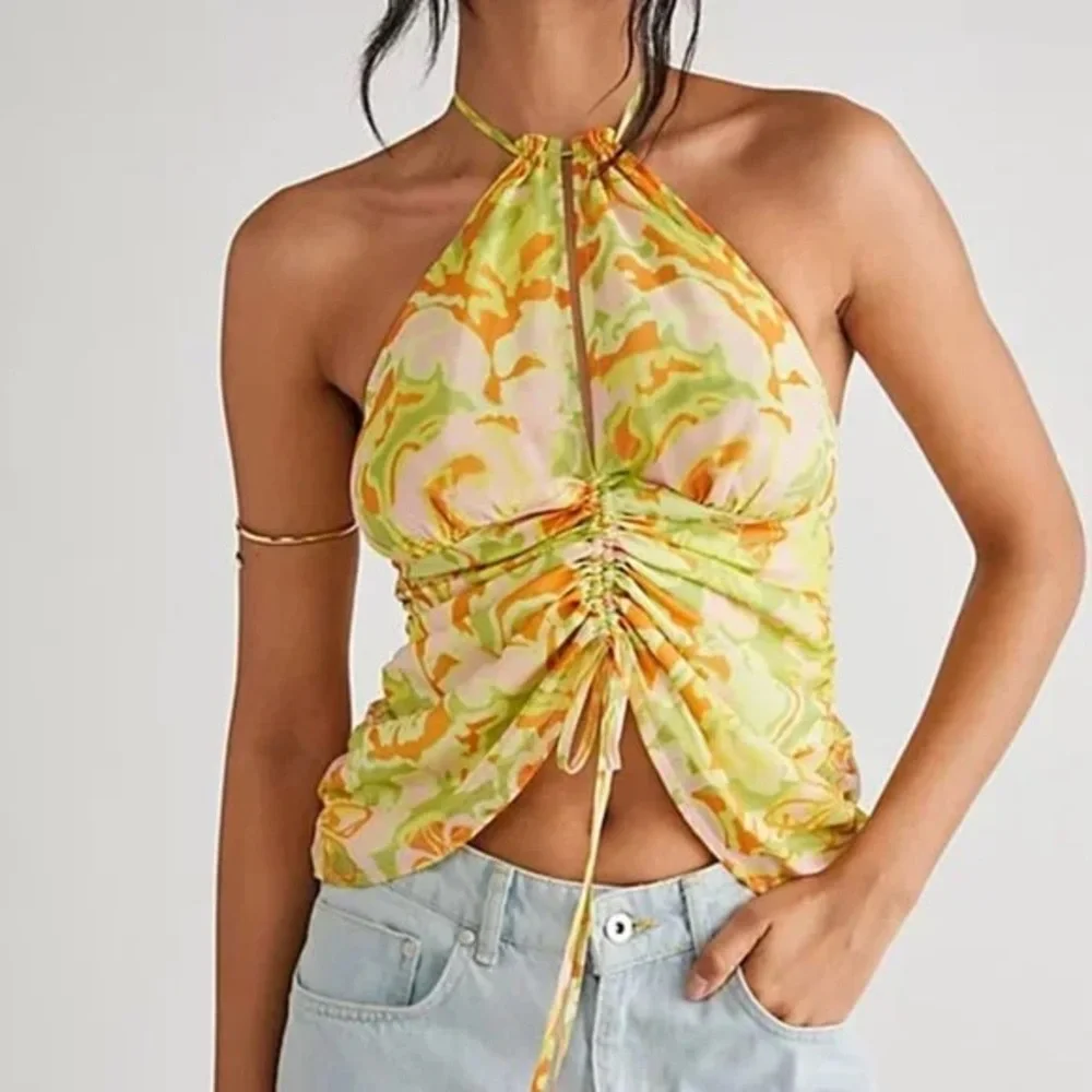 (A9) NEW Free People Kyle‎ Halter Retro Top Midnight Garden drawstring, XS, NWOT